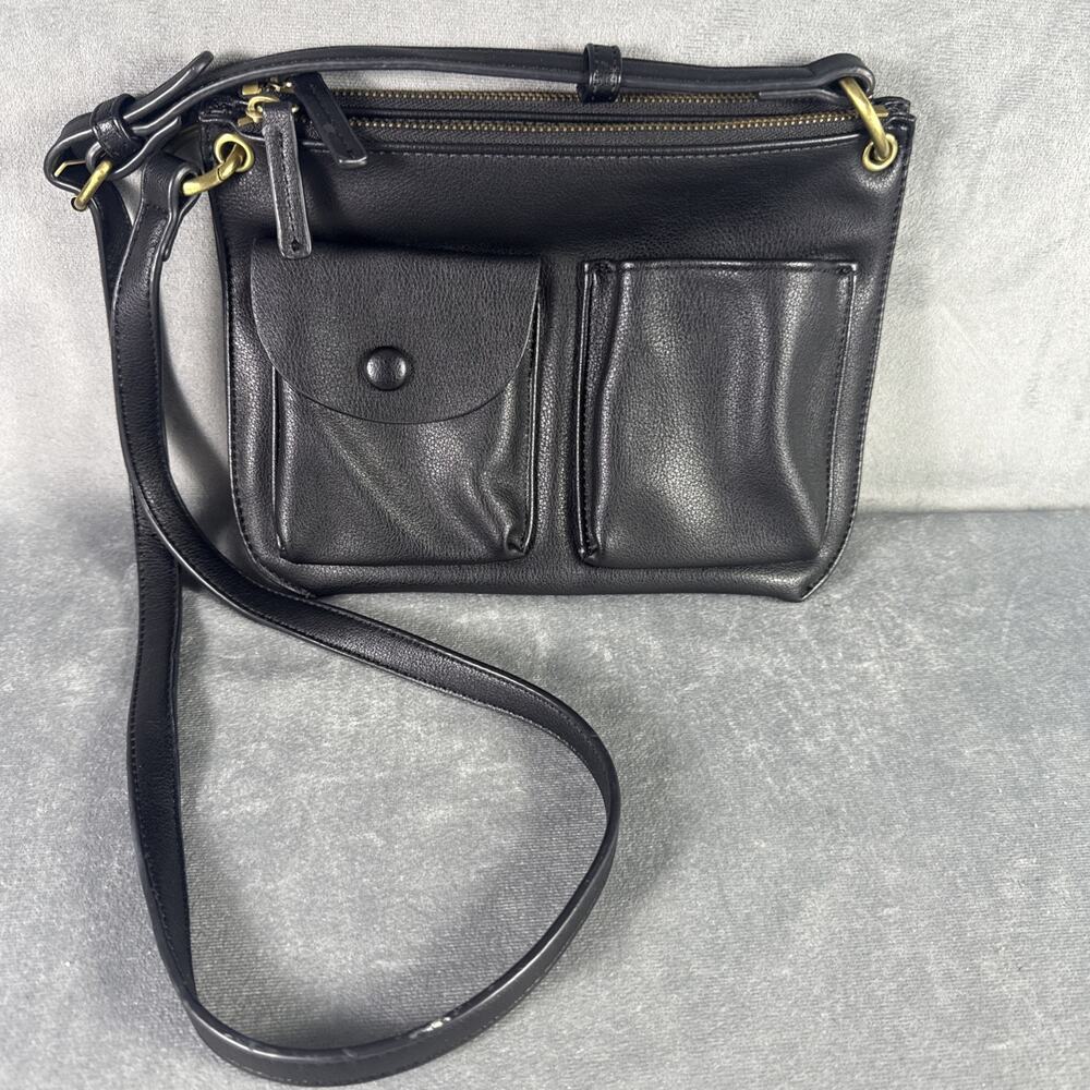 ANTHROPOLOGIE Vegan Black Leather Double Crossbody Bag‎